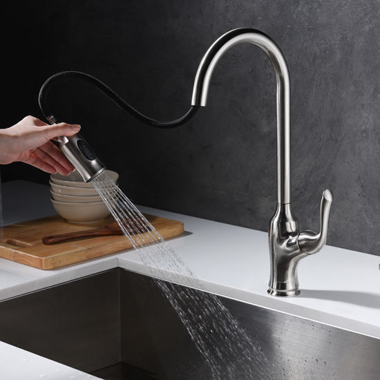 Arco alto Cuello largo Agua fría caliente Saque el grifo del fregadero de la cocina